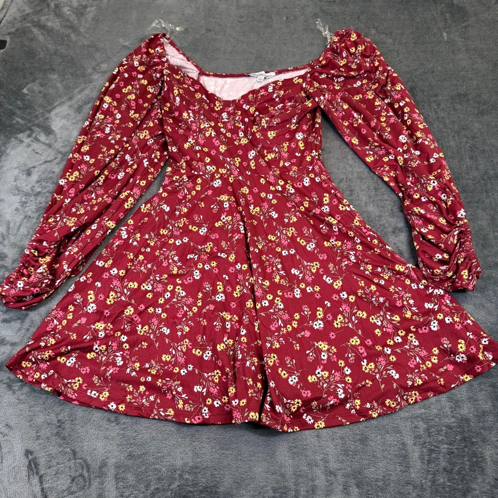 Stiletto's S322FG63 Floral Dress Womens Medium Burgundy Ruched Sleeve Mini NWT